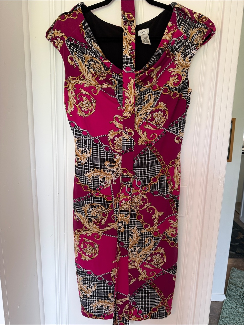 Cache Magenta and Gold Print Midi Sheath Dress